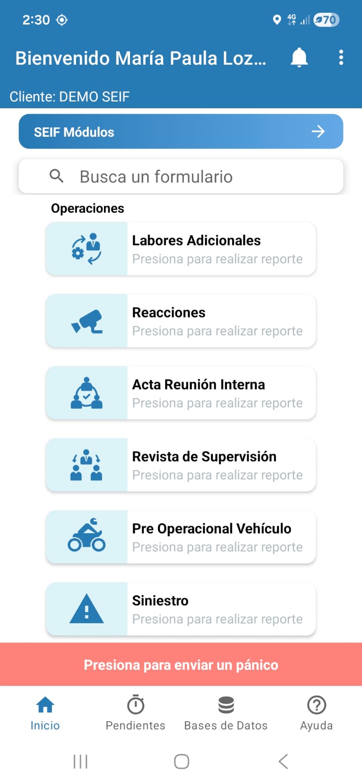 Aplicación móvil Seif con módulos operativos